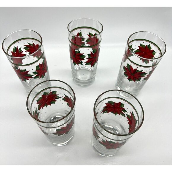 Vintage Libby Christmas Poinsettia Drinking Glasses Set of 5 Holiday Water Glass - Picture 3 of 9